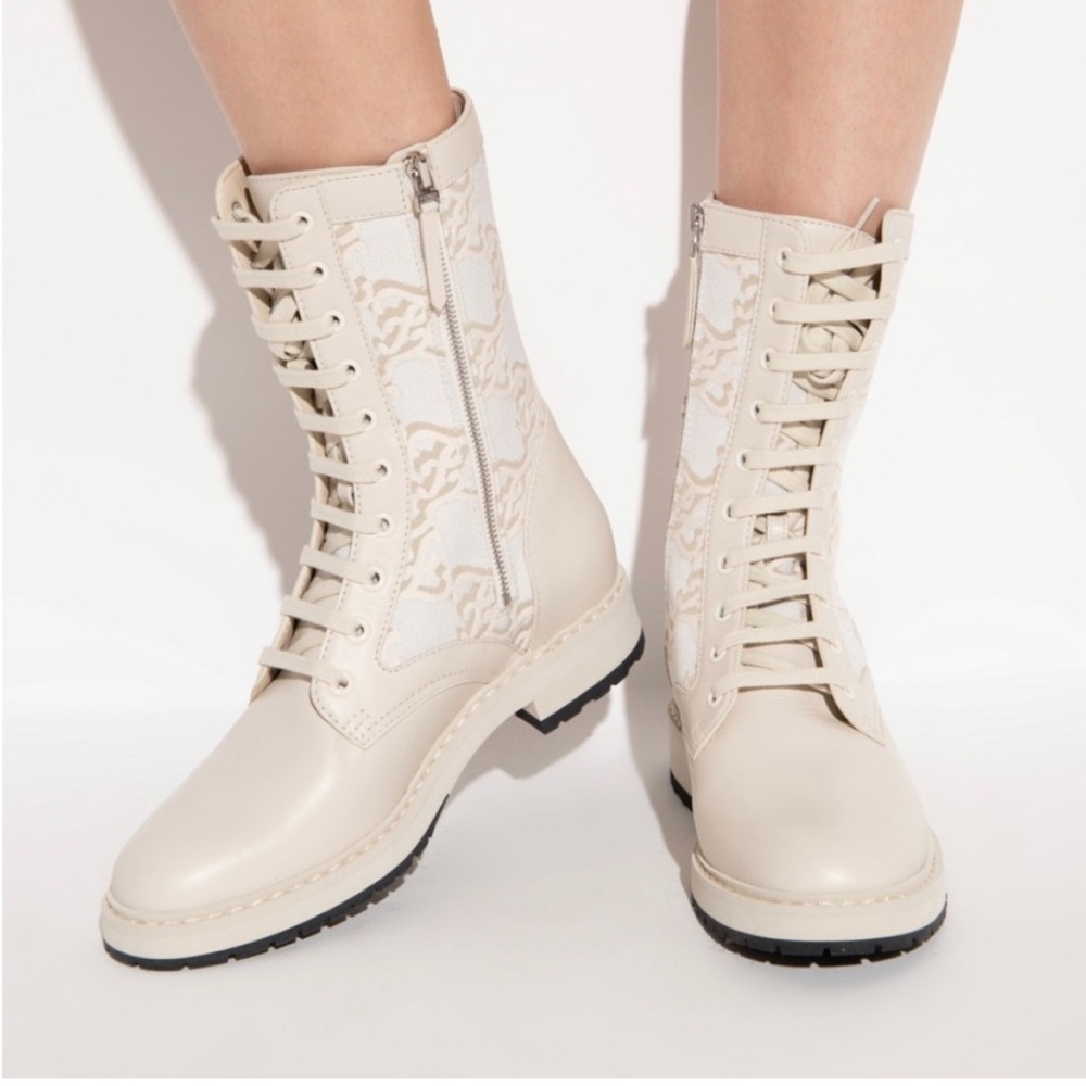 Fendi $1100 Kaligraphy Jacquard Monogram Logo Leather Knitted Combat Boots Sz 9